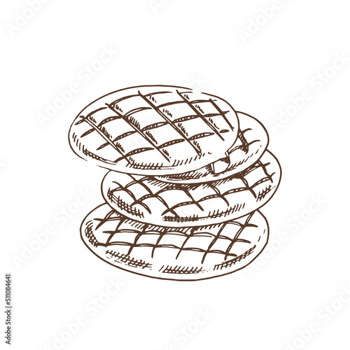 Vector hand drawn illustration of cakes, cookies, bread. Brown and white pastry drawing isolated on white background. Sketch icon and bakery element for print, web, mobile.