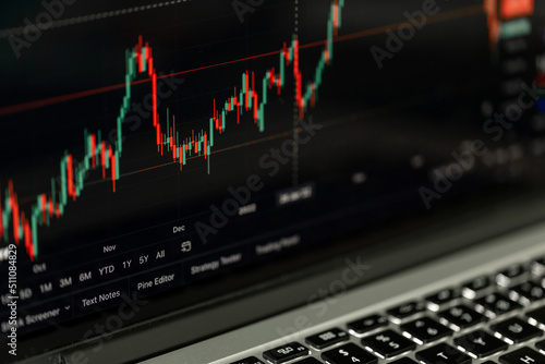 Trading chart displayed on the screen of the laptop. Stock market, trend line in a candlestick form.