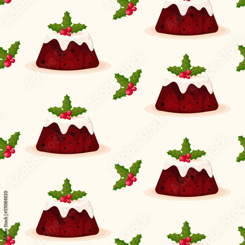 Christmas Pudding Decorated with Sprig of Holly Seamless Pattern 