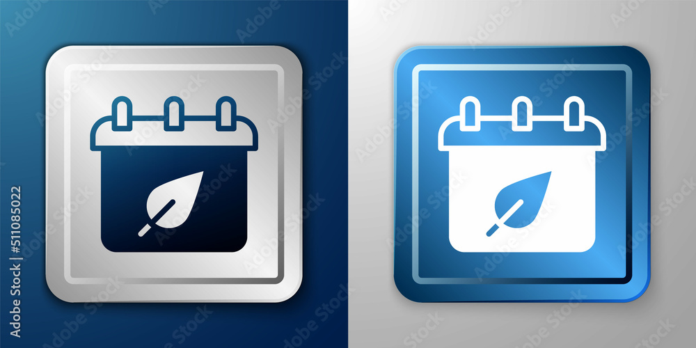 White Calendar with autumn leaves icon isolated on blue and grey background. Silver and blue square button. Vector White Calendar with autumn leaves icon isolated on blue and grey background. Silver and blue square button. Vector