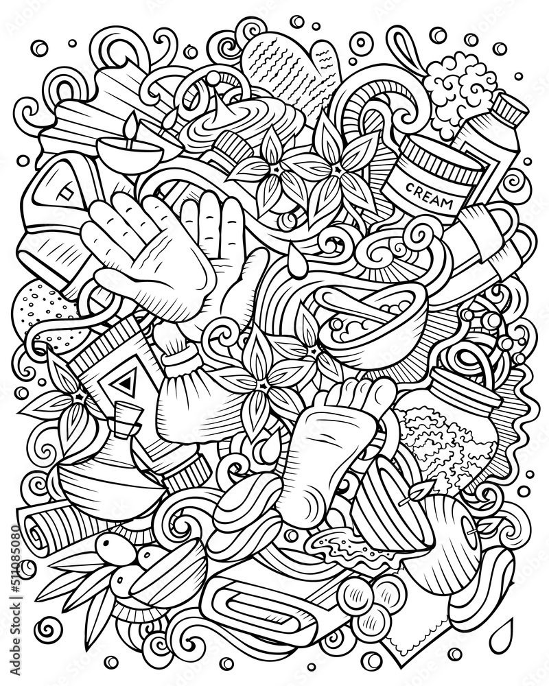 Massage hand drawn raster doodles illustration. Spa salon poster design.