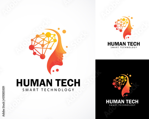 human tech logo creative smart growth brain tech connect network digital logo design concept innovation