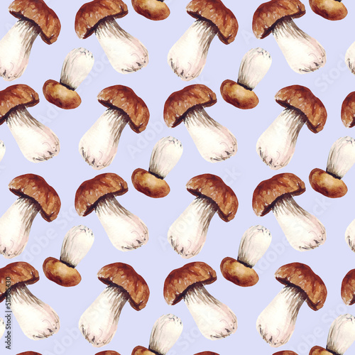 Watercolor seamless pattern with mushrooms, summer autumn forest background.