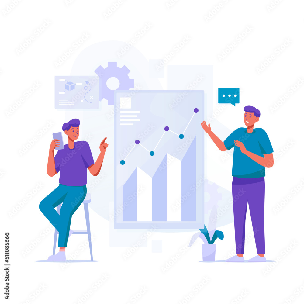 Teamwork Presentation Growth Business with Man posing standing and sitting on a chairs pose Concept Flat Illustration Teamwork Presentation Growth Business with Man posing standing and sitting on a chairs pose Concept Flat Illustration