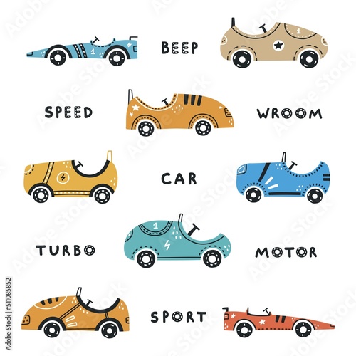 Hand-drawn cute racing cars on a white background in Scandinavian style. Vector set with cute cars for fabric, textile and wallpaper design.