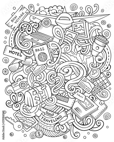 Travel hand drawn raster doodles illustration. Traveling poster design.