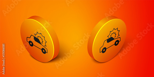 Isometric Car insurance icon isolated on orange background. Insurance concept. Security, safety, protection, protect concept. Orange circle button. Vector © Iryna