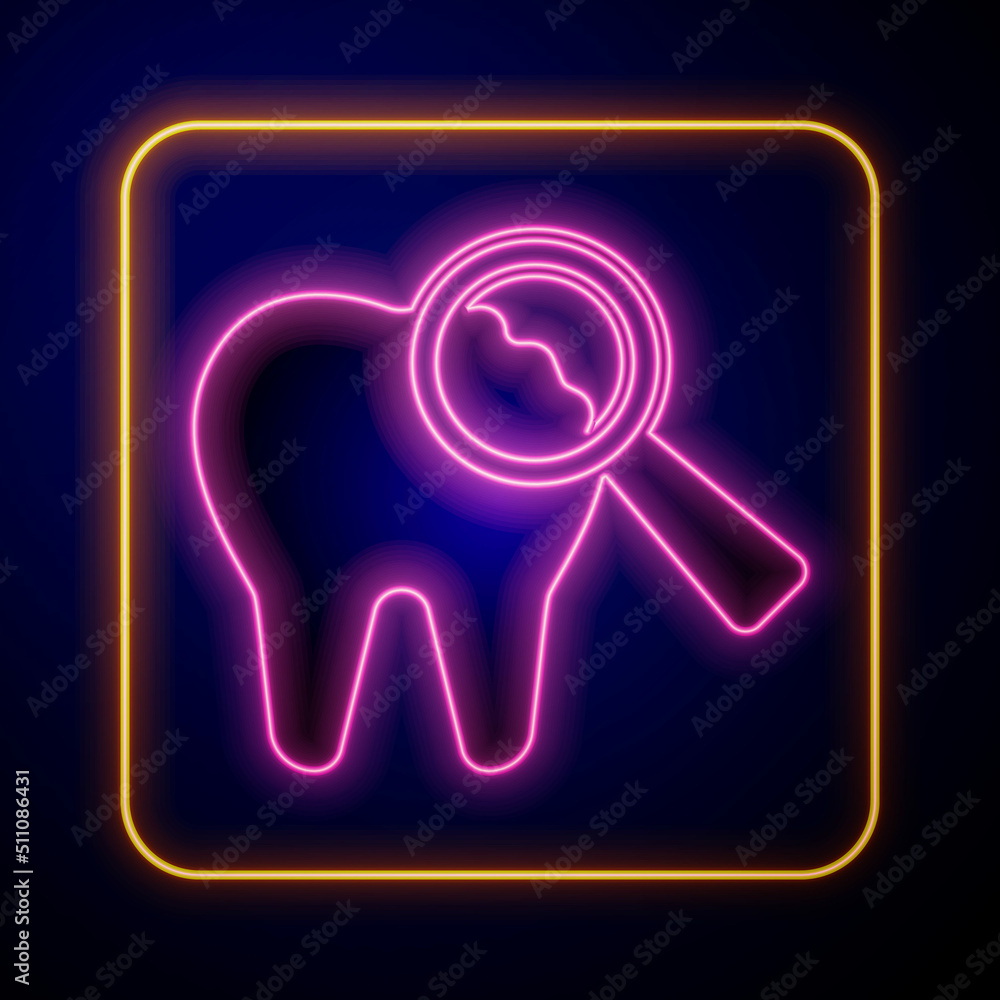 Glowing neon Broken tooth icon isolated on black background. Dental problem icon. Dental care symbol. Vector Glowing neon Broken tooth icon isolated on black background. Dental problem icon. Dental care symbol. Vector