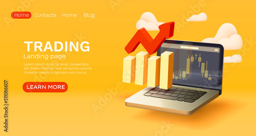 Landing page laptop trading, website banner message. Vector