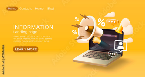 Landing page laptop information, website banner message. Vector