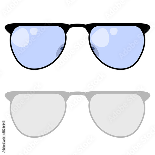 Vector illustration of glasses with black frames and blue glass with flare on a white background with shadow