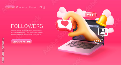 Landing page laptop followers, website banner message. Vector