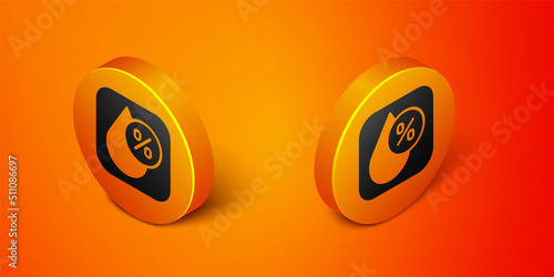 Isometric Water drop percentage icon isolated on orange background. Humidity analysis. Orange circle button. Vector