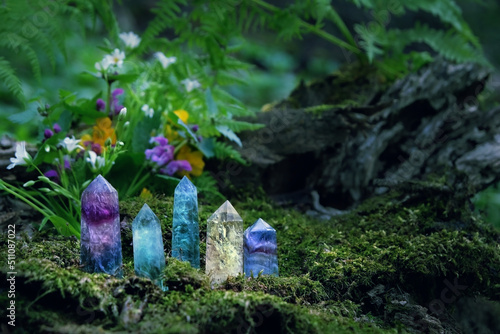 Canvas Print quartz gemstones towers on mysterious forest natural background