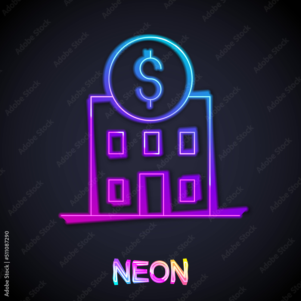 Glowing neon line Bank building icon isolated on black background. Vector Glowing neon line Bank building icon isolated on black background. Vector