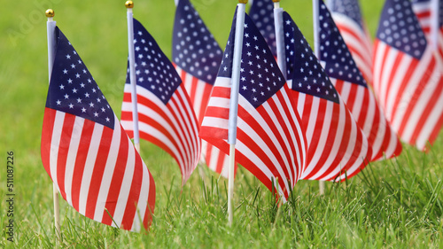 American flags on grass. Independence Day concept. USA holiday.