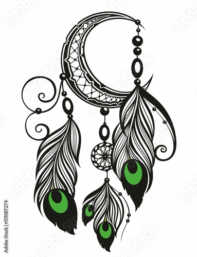 Dreamcatcher with peacock feathers.Detailed vector illustration of the dreamcatcher, isolated in white. Perfect for coloring book, page for adults and children or for a tattoo 