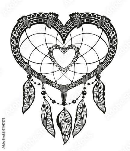 Lace heart shape dream catcher valentines day card. Beautiful Valentine's day heart with ethnic feathers