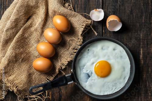 Fried eggs in a pan ready to eat in the morning.