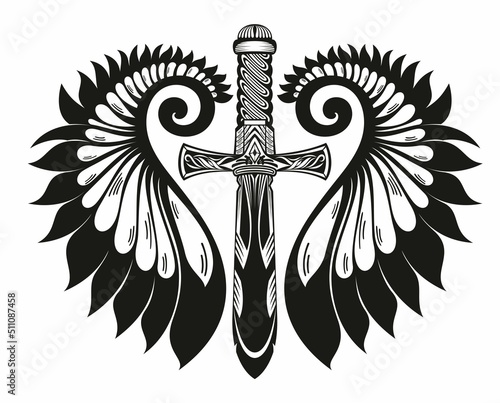 Sword with Wings. Tattoo Sword Symbol on Black Background