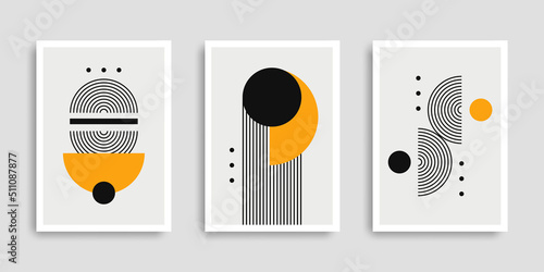 Set of abstract contemporary posters with geometric shapes. Cover collection. Modern boho minimalist art. Vector illustration. Design for print poster, cover, wallpaper. Stock.