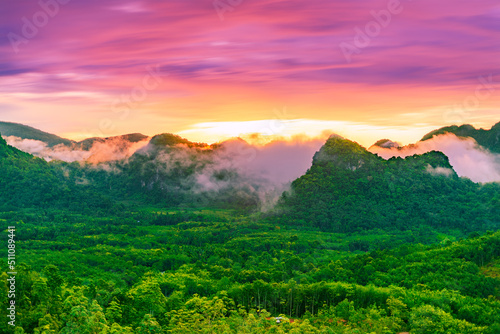 Beautiful View of Landscape during a summer sunrise, Colorful sunlight on top of mountain