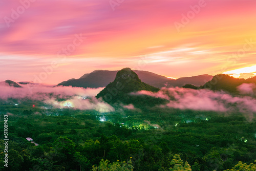 Beautiful View of Landscape during a summer sunrise, Colorful sunlight on top of mountain