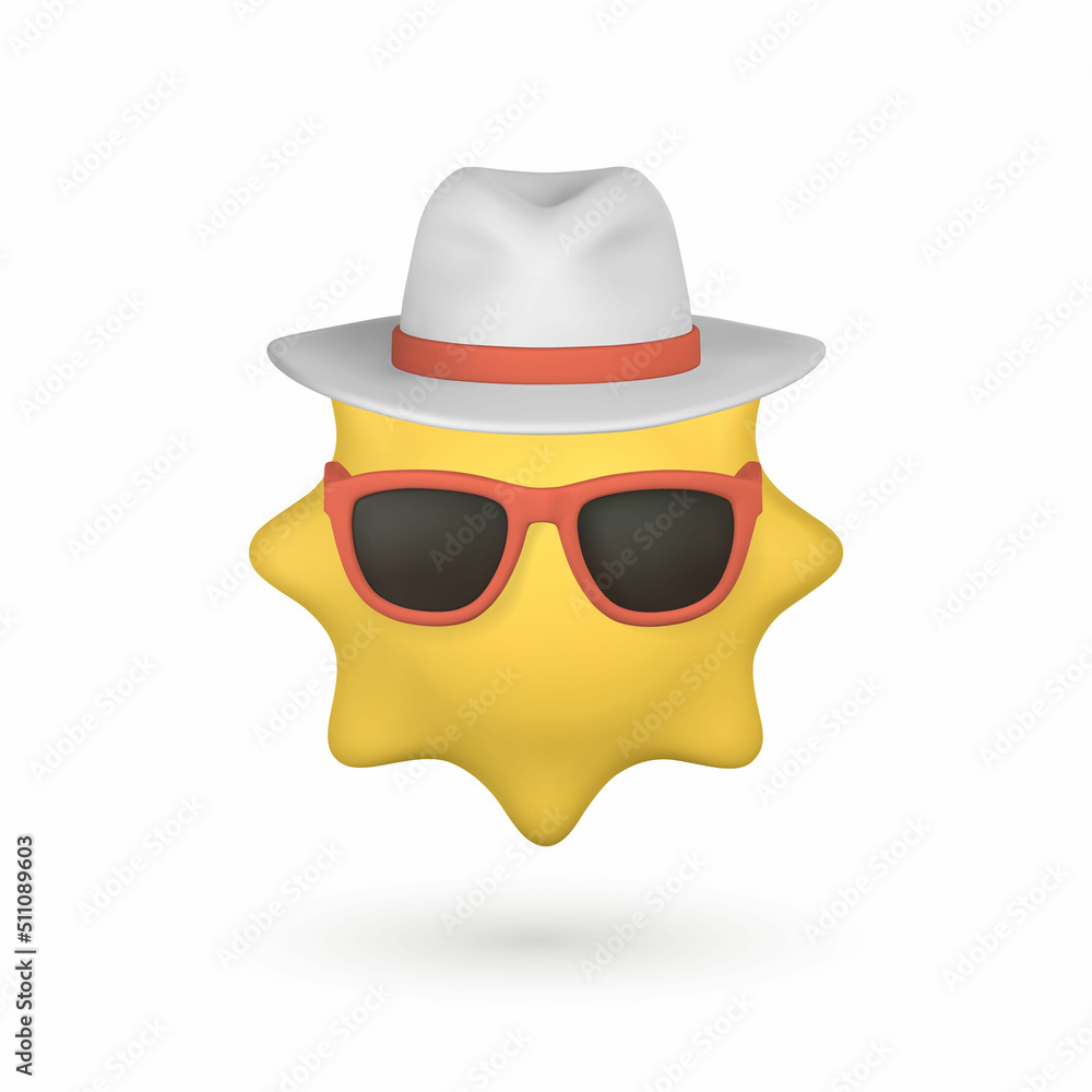 Cute cartoon 3d Sun with sunglasses and hat. Summertime object. Vector illustration