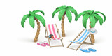 Summer 3d realistic render vector objects. Palm trees,  striped beach chairs and slippers. Vector illustration