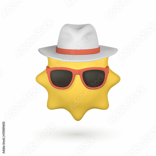 Cute cartoon 3d Sun with sunglasses and hat. Summertime object. Vector illustration