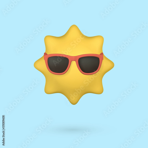 Cute cartoon 3d Sun with sunglasses. Summertime object. Vector illustration
