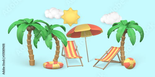 Summertime background. Summer 3d realistic render vector objects. Palm trees,  striped beach chairs,sun cloud, swim ball and ring. Vector illustration