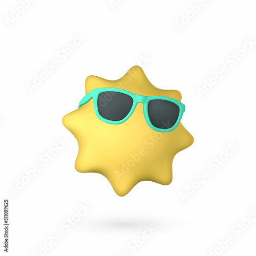 Cute cartoon 3d Sun with sunglasses. Summertime object. Vector illustration