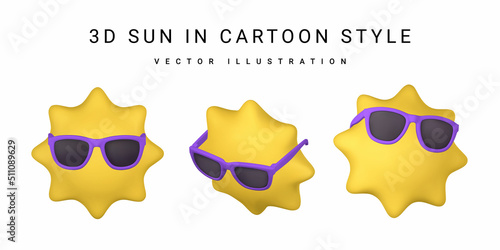 Cute cartoon 3d Sun with sunglasses. Summertime object. Vector illustration