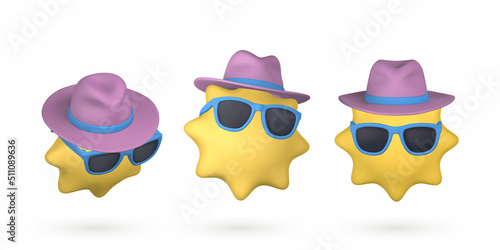 Set of cute cartoon 3d Sun with sunglasses and hat. Summertime object. Vector illustration