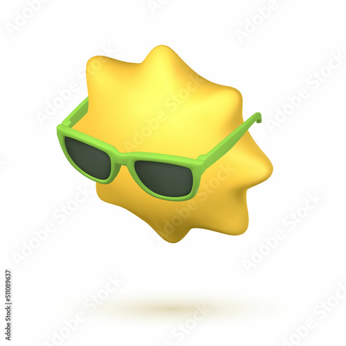 Cute cartoon 3d Sun with sunglasses. Summertime object. Vector illustration