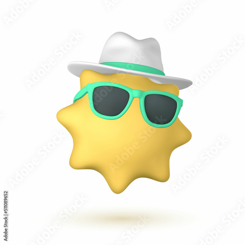 Cute cartoon 3d Sun with sunglasses and hat. Summertime object. Vector illustration