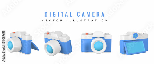 Cute cartoon photo camera. Realistic 3d camera. Summertime object. Vector illustration