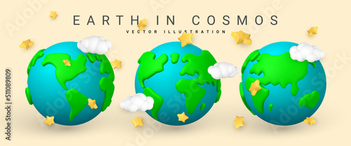 Earth in cosmos. Set of Cartoon 3d planet Earth with cloud and star in minimal style. Vector illustration