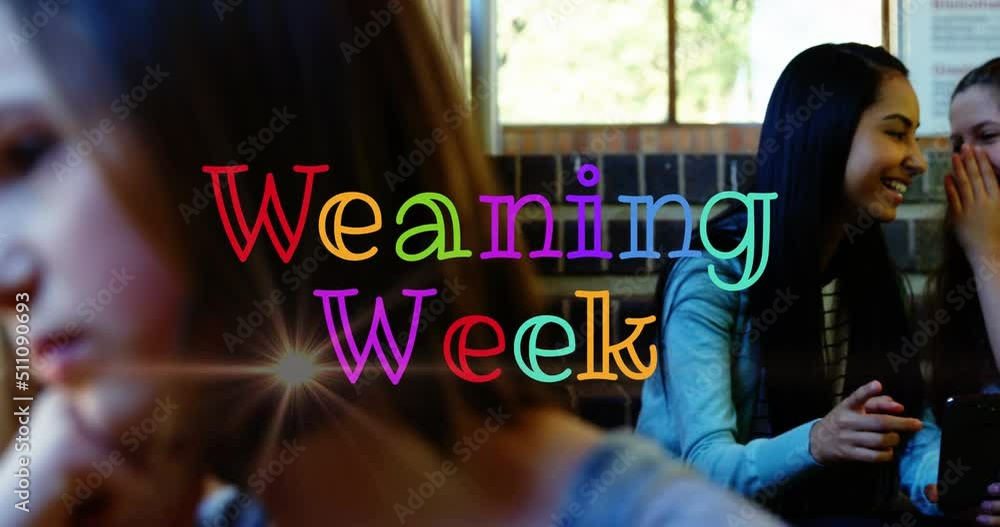 Animation of weaning week text over sad caucasian girl and diverse colleagues laughing Animation of weaning week text over sad caucasian girl and diverse colleagues laughing