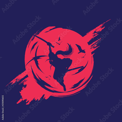 samurai shadow crow and red moon