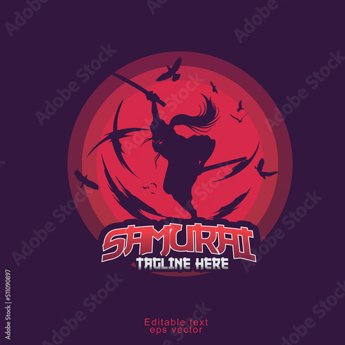 samurai shadow crow and red moon