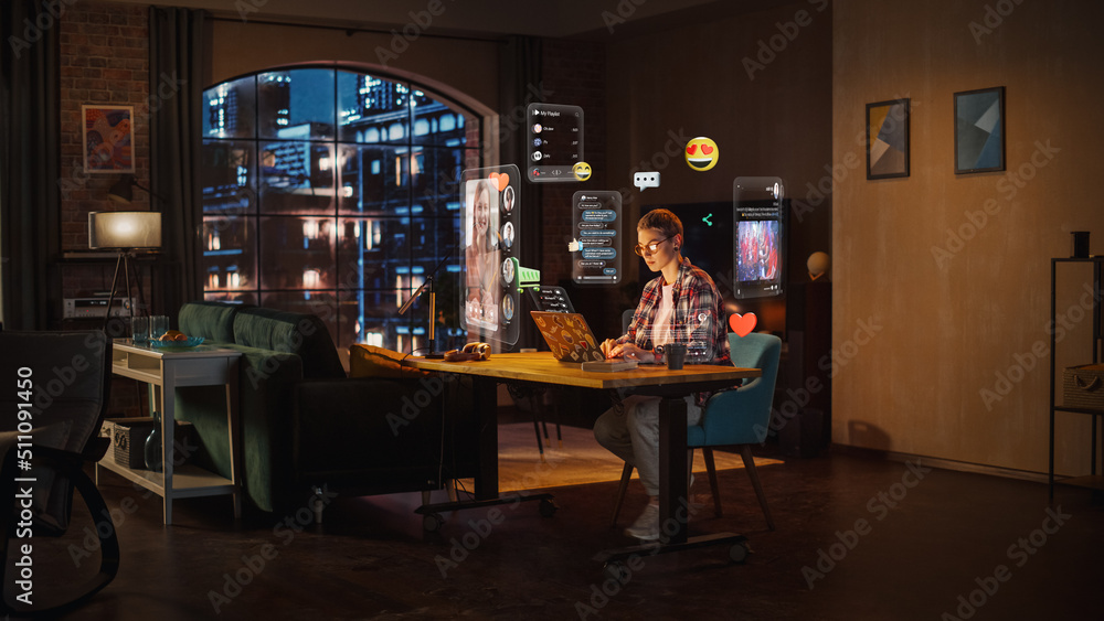 Young Beuatiful Women Using Laptop Computer To Check Social Media, Listen To Music and Read Emails. Creative Person Catching Up With Friends Online. 3D Visualization of Online Platforms Concept. Young Beuatiful Women Using Laptop Computer To Check Social Media, Listen To Music and Read Emails. Creative Person Catching Up With Friends Online. 3D Visualization of Online Platforms Concept.