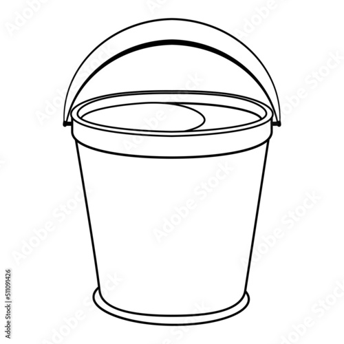 Colorless cartoon bucket of water with a black handle raised up. Coloring page with metal or plastic bucket. Template of coloring book with water pail. Practice worksheet or Anti-stress page for kid.