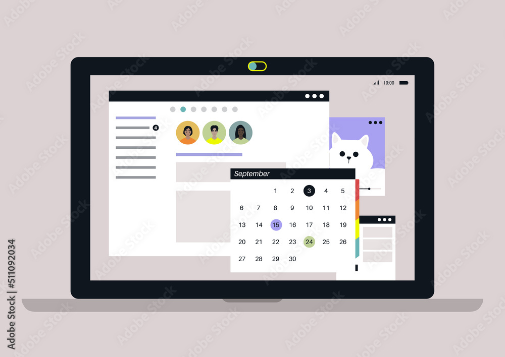 A laptop display with open program email windows, calendar and chat app A laptop display with open program email windows, calendar and chat app