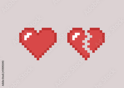 A set of 8-bit red hearts, love and heartbreaks, cute old school icons