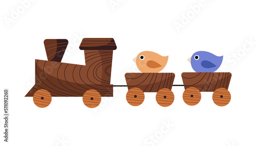 Hand drawn little wooden train, Montessori baby toy. Isolated vector illustration in flat style with wooden texture