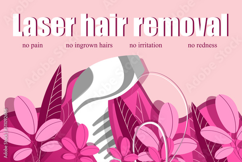Laser hair removal advertising, banner with leaves and flowers, skin care, beautician mockup, ingrown hair, painless procedure photo