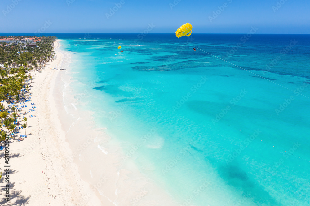 Bounty and pristine sandy shore with coconut palm trees, caribbean sea washes tropical coast. Arenda Gorda beach. Dominican Republic. Aerial view - obrazy, fototapety, plakaty 