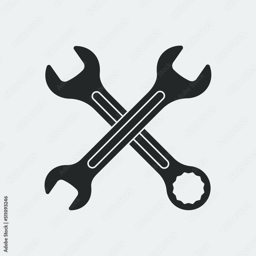 Wrenches graphic icon. Two crossed spanners sign isolated on white background. Technical assistance symbol. Vector illustration Wrenches graphic icon. Two crossed spanners sign isolated on white background. Technical assistance symbol. Vector illustration